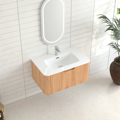Bathroom Vanity 30" Floating With Natural Walnut Finish, Smooth Curved Edges, White Ceramic Basin, Pre-Assembled, Smart Storage Drawer, Soft-Close Function Drawer Storage, Mechanism