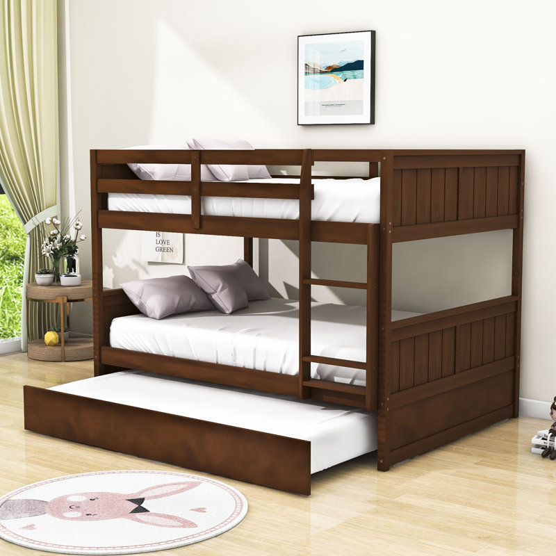 Isiah Full Over Full Wooden Bunk Bed with Twin Size Trundle, Walnut, 14