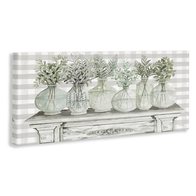 Illustration de tartan rustique de Country Home Plants Herbs Jars par Cindy Jacobs - impression, H 20 po x l 48 po