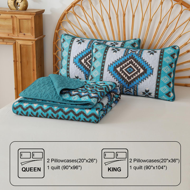 Ensemble de courtepointe 3 pièces à motif géométrique texturé de style bohème 3 pièces Aztec, Sarcelle