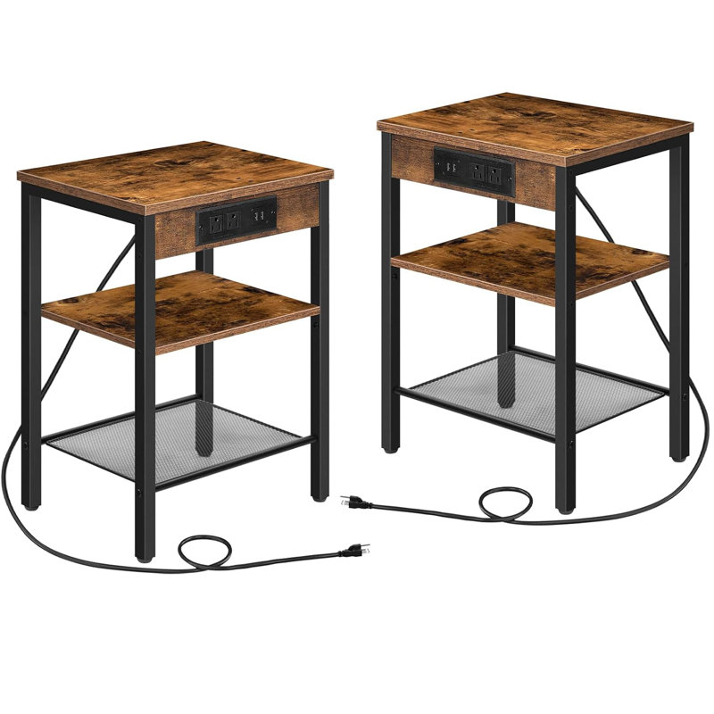 Sabiye 21.7'' Tall End Table Set with Charging Station, Rustic Brown, Black