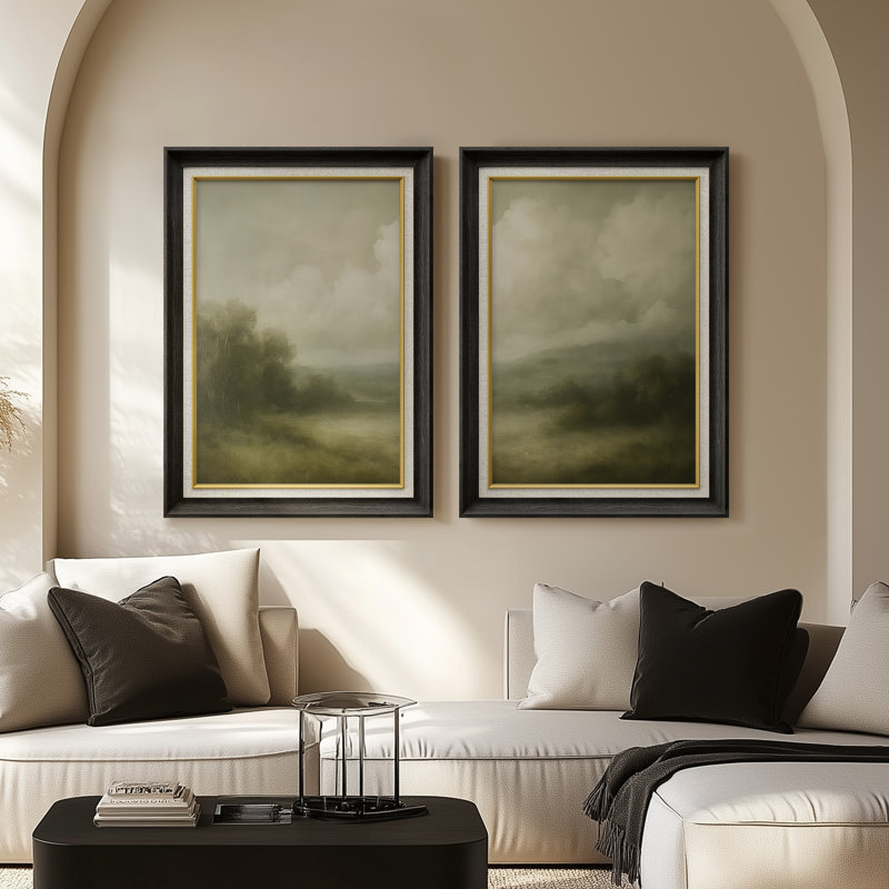 «Misty Meadow Landscape Subtle Serenity», ensemble de 2 reproductions d'art mural encadrées de qualité supérieure sur papier 26 po x 36 po