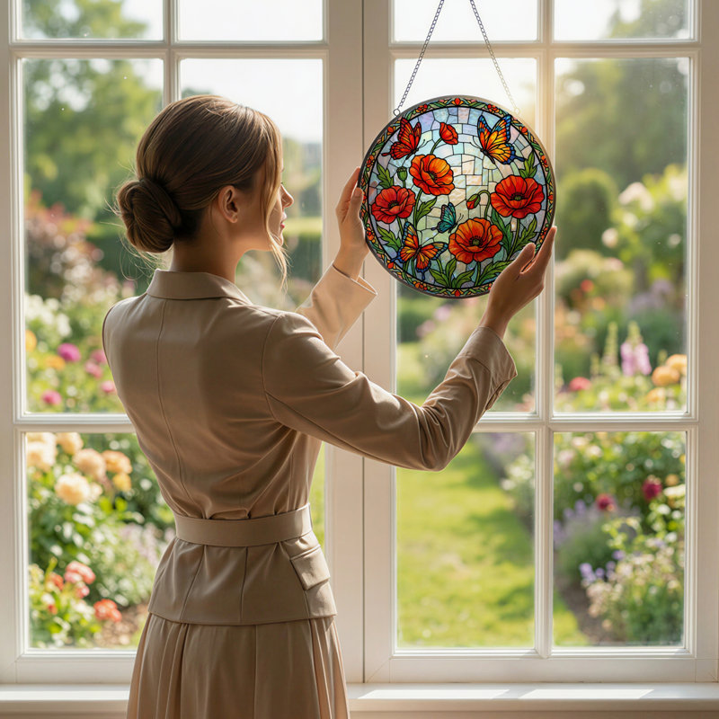 Panneau de vitrail papillon 7,8 "H Poppy, H 7,8 po x l 7,8 po