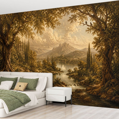 Papier peint adhésif pelez et collez, paysage de forêt, rivière, montagnes, oiseaux, style classique, œuvre d'art, papier autocollant amovible, décoration murale pour salon, chambre à coucher H 69 po x l 96 po