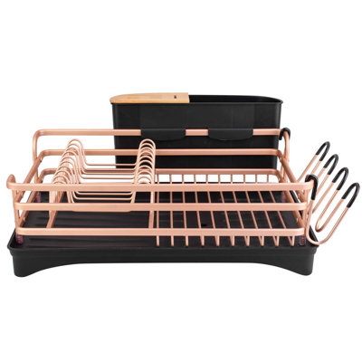 Aluminum Dish Drying Rack,Never Rust Dish Rack With Removable Cutlery Holder & Cup Holder, 360° Swivel Spout Drain Board,Gold