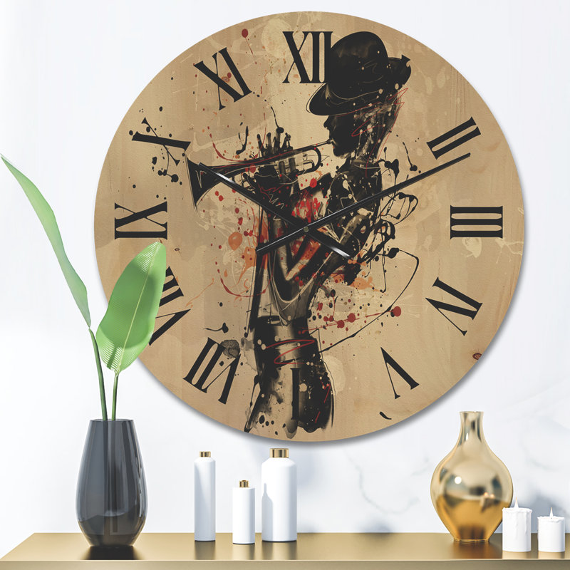 Horloge murale moderne en bois - Femme jouant de la trompette jazz, Petit