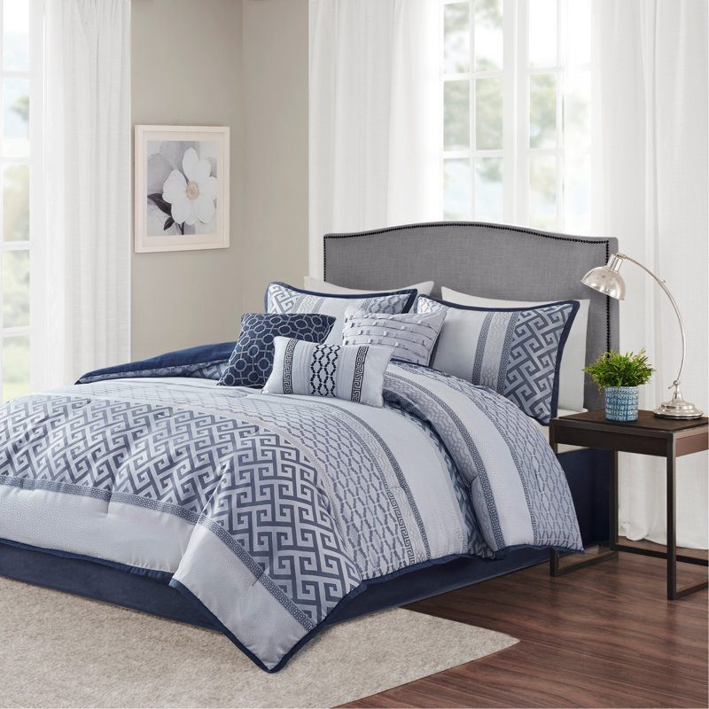 Ensemble d'édredon 7 pièces jacquard bleu marine, Édredon de très grande taille et 6 pièces suppl