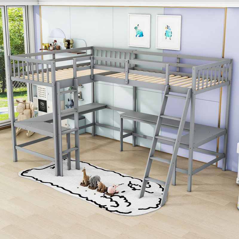 Twin And Twin L-Shaped Loft Bed With Ladder And 2 Built-In L-Shaped Desks, Gray
