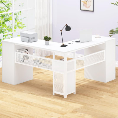 Top True White Oak Wood L-Shaped Corner Desk with Storage Drawers for Home Office, 59.1"L x 59.1"W x 30.0"H