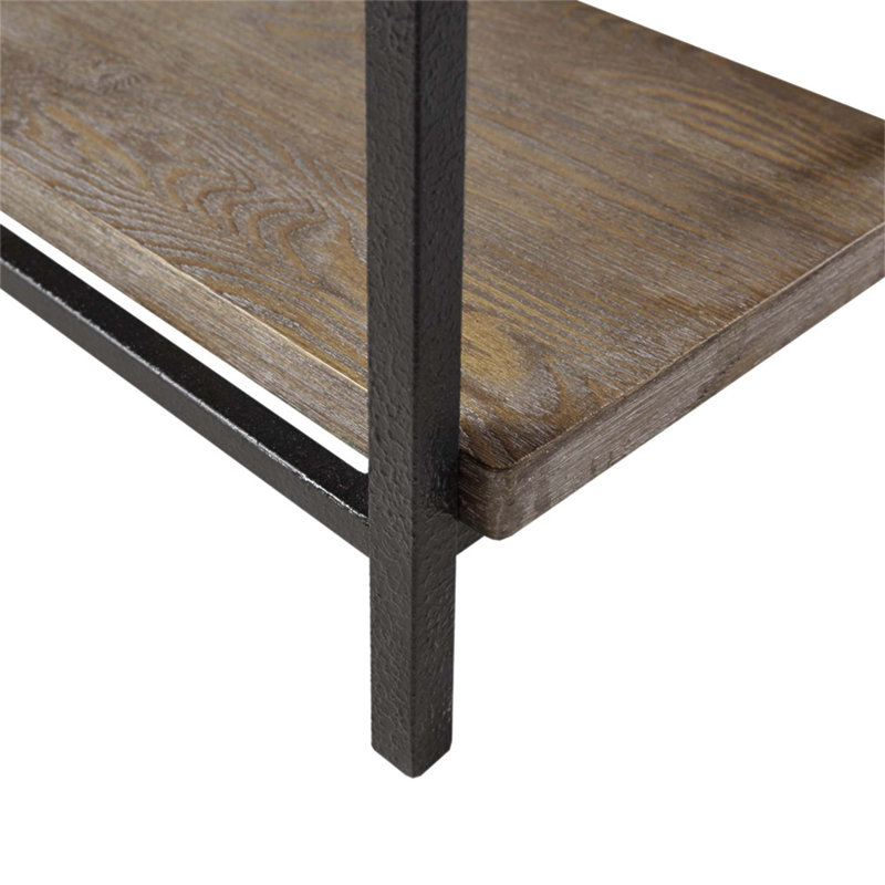 Bureau d'appoint industriel à structure métallique avec tablettes latérales et surface de travail spacieuse, parfait pour le bureau à domicile et les espaces d'étude.