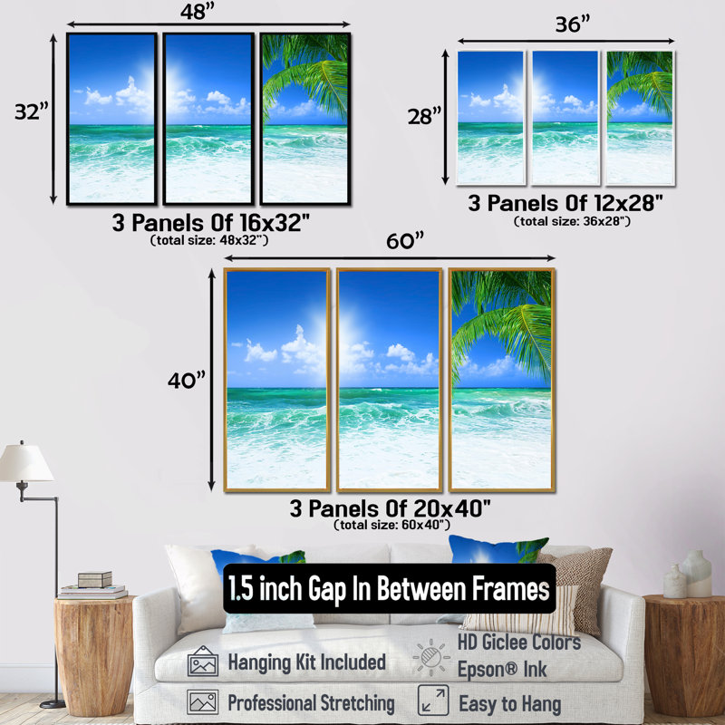 Beautiful Beach With Bright Sun - 3 pièces, reproduction sur toile, H 28 po x l 36 po, Silver