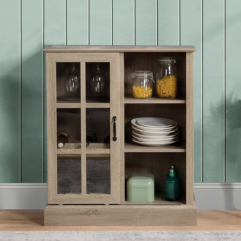 Armoire de bar à vin, petit buffet buffet, armoire de rangement de cuisine avec support à vin de 6 bouteilles et porte-verres à pied, porte coulissante, tablettes