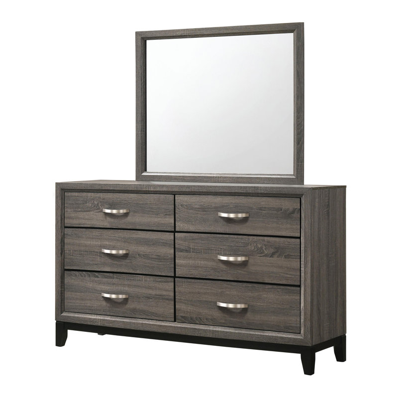 Commode 6 tiroirs avec miroir chêne gris