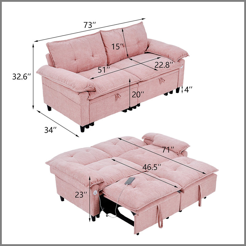 Canapé-lit convertible 73 po en velours rose avec matelas coulissant