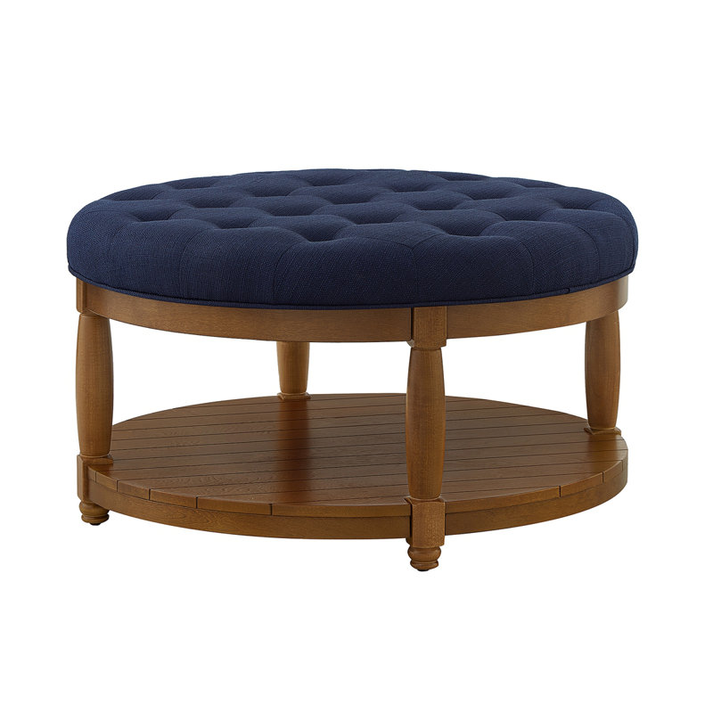 Grande table basse ronde avec repose-pieds rembourré en lin et grand repose-pieds avec rangement en bois, Marine, Brun