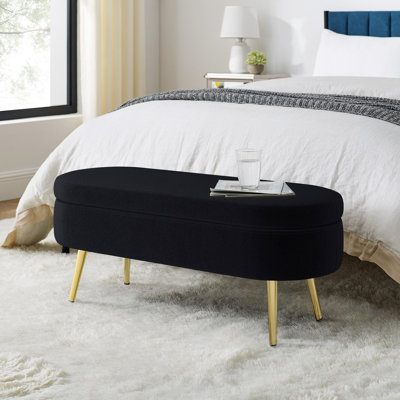 Banc de rangement repose-pieds ovale en flanelle avec pieds en métal - noir (43,5 po x 16 po x 16 po)