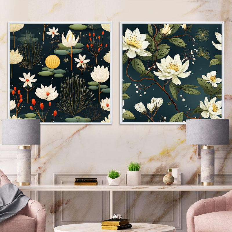 Sherree - Ensemble de 2 collages carrés floraux, Cadre flottant blanc, H 36 po x l 73 po