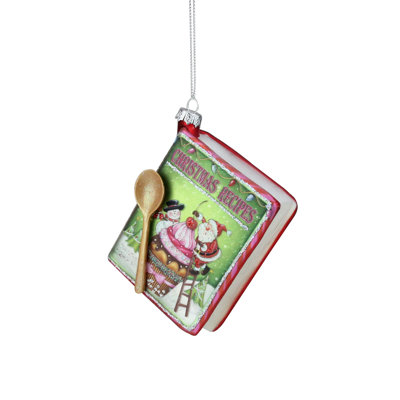 Ornement en forme de livre en verre 4 "RECETTES DE NOEL" rouge et vert scintillant