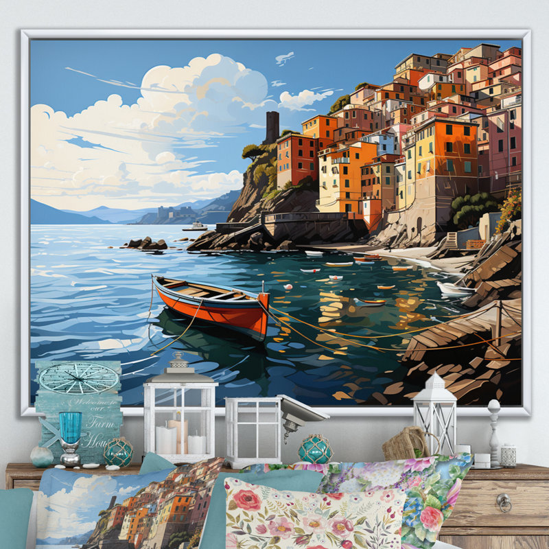 «Beige Italy Cinque Terre I» sur toile, Cadre flottant blanc, H 12 po x l 20 po x P 1 po