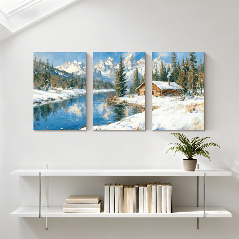 Hiver, forêt, paysage d'hiver, chalet, montagnes enneigées, rivière, arbres, ensemble de 3 impressions sur toile