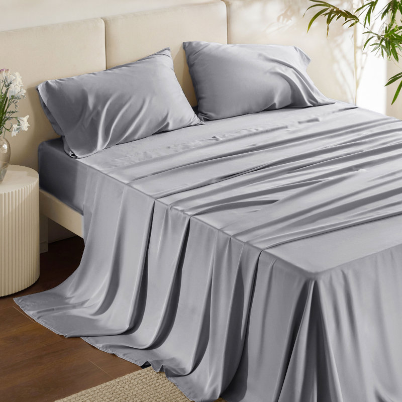 Ensemble de draps en rayonne de bambou Essential Collection, Ensemble de draps pour grand lit avec 2 taies d'or, Gris argenté