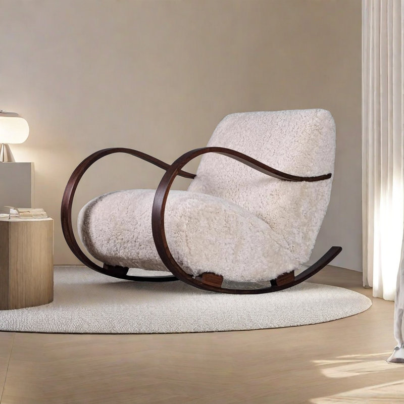 Chaise berçante en bois massif rétro français, Noir / Blanc cassé