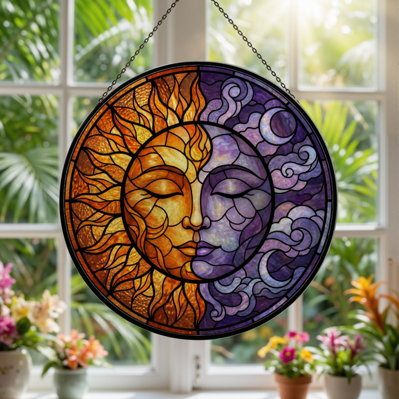 7.8"H Sun And Moon Stained Glass Window Panel, 7.8" H x 7.8" W