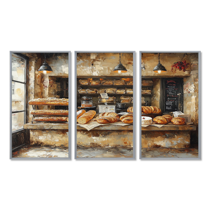 French Cafe Baguette Paris Shop III - Ensemble de décorations murales French Cafe, Toile argentée avec cadre flottant