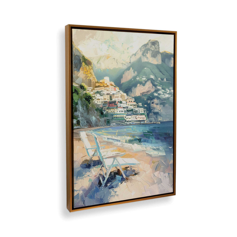 «Positano Beachfront Idyll on Canvas» par Azure Artisanal Studio, reproduction, Reproduction avec cadre flottant, Or poli
