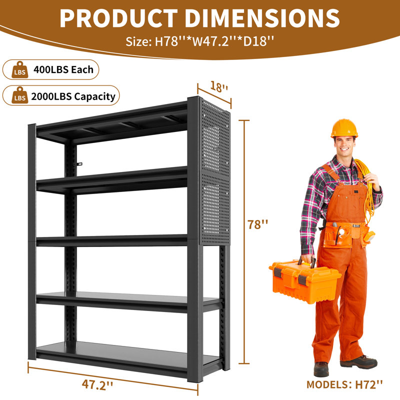 Étagère de garage métallique robuste Ackron 78 po H à 5 niveaux, capacité totale de 2 000 lb, étagères de rangement en acier réglables avec panneau perforé