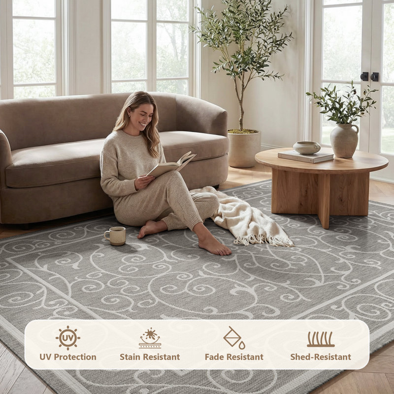 Traditional Floral Scrollwork Indoor / Outdoor Area Rug, Rectangle 8' x 10', Gray/White