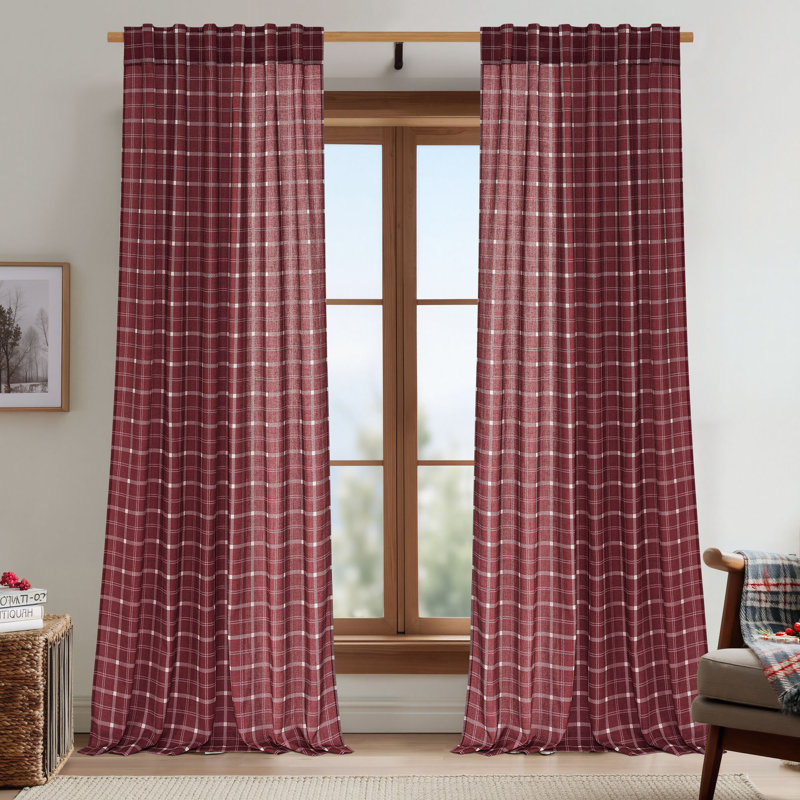 Rustic Grid Pattern Linen Light Filtering Plaid Curtains for Living Room Dining Room, Farmhouse Rod Pocket Back Tab Semi Sheer Window Curtains, 1 Pair
