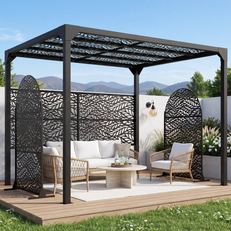 Ensemble de pergola en métal avec 4 écrans d'intimité arqués