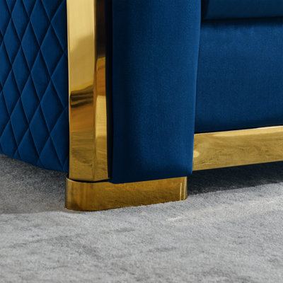 81" Luxury Velvet Chesterfield Sofa Set, Tufted 3 Seat Couch With Gold Stainless For Living Room, Navy Blue Fabric, New Package