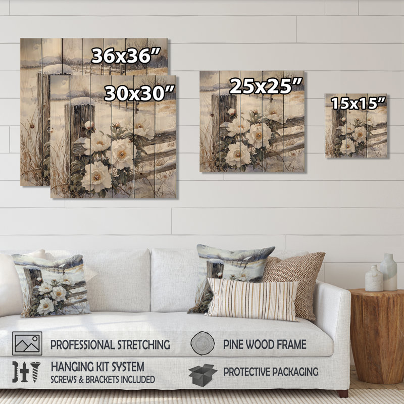 Peonies By The Snowy Farm Fence I - Peonies Wood Wall Art - On Natural Pine Wood, 30" H x 30" W x 0.78" D