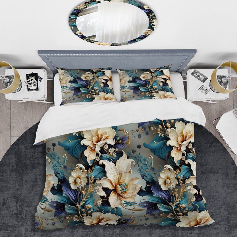 Ensemble de housse de couette floral blanc et doré Elegant Flowers Delight, Housse de couette pour grand lit et 2 taies décor