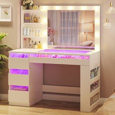 Bureau de coiffeuse avec miroir éclairé et plateau en verre