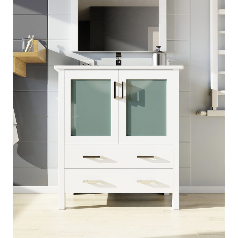 Meuble-lavabo blanc l 30 po x P 18,25 po avec surface en céramique, robinet et comptoir en H 32 po