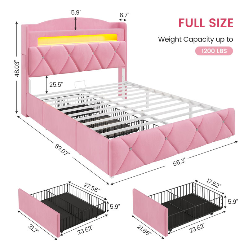Full-Size Led Bed Frame With 3 Extra-Large Storage Drawers, Padded Storage Headboard With Power Outlet, Velvet Princess Castle Platform Bed, Sturdy Metal Frame, Pink