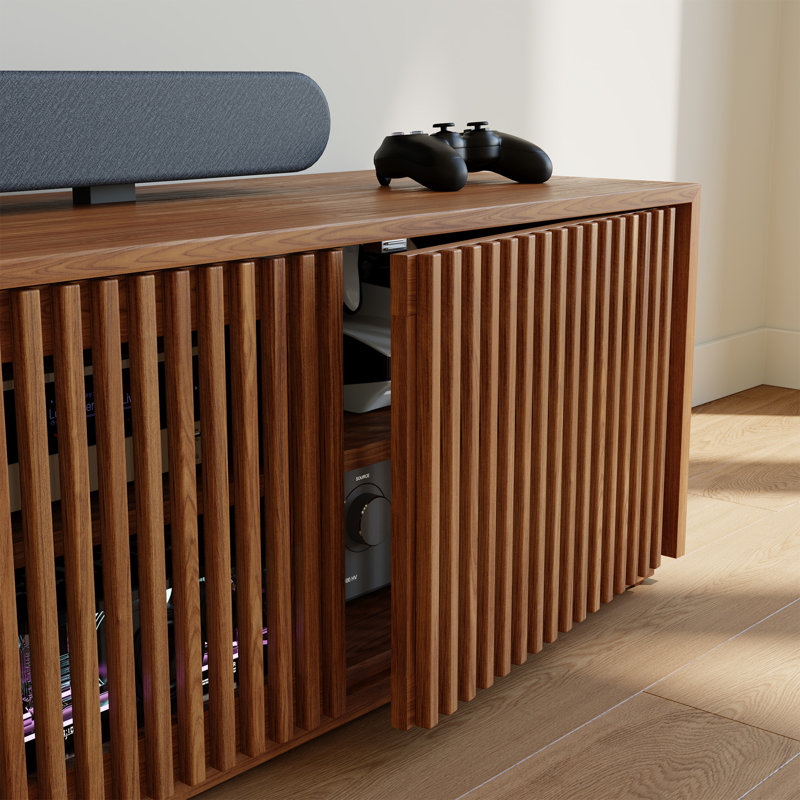 Meuble télé Hiramani Mid-Century moderne, entièrement assemblé, H 16,54 po x l 118,11 po x P 15,75 po, Brun