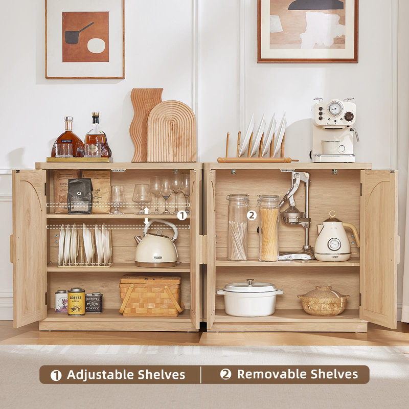 Fluted Buffet Cabinet with Storage, 31.5" Coffee Bar Cabinet with Arch Doors & Adjustable Shelves, Mid Century Modern Sideboard, Wood Credenza for Kitchen, Living Room (Natural)