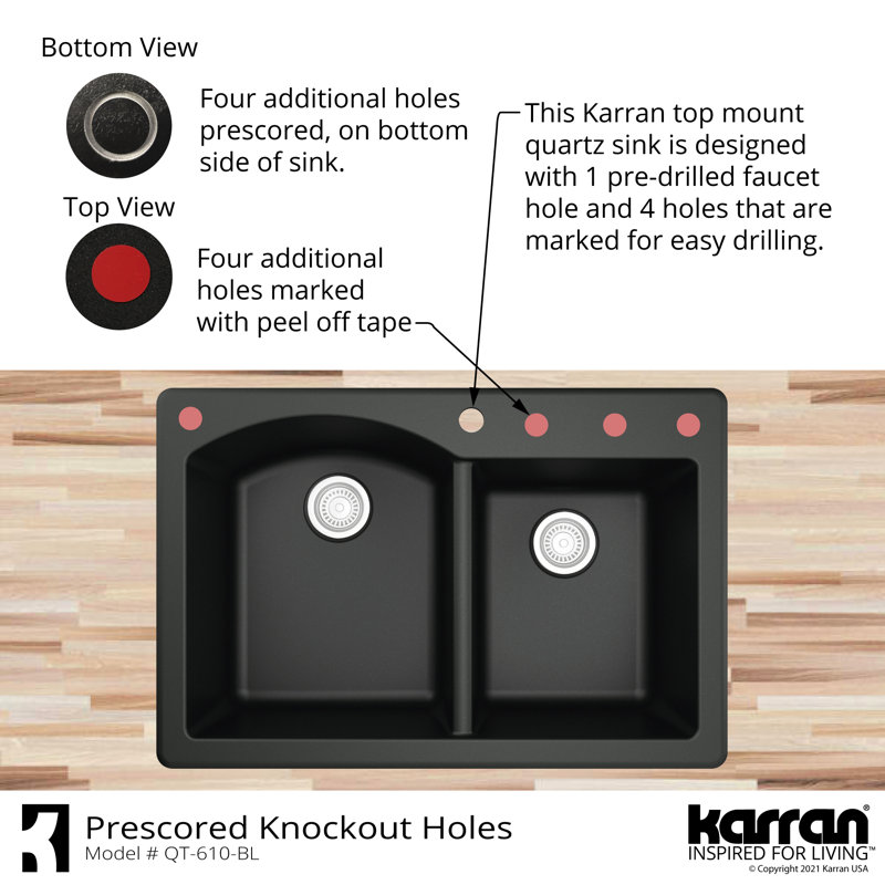 Karran Drop-in Quartz Composite 33'' X 22'' 1-Hole 60/40 Double Bowl Kitchen Sink, Brown