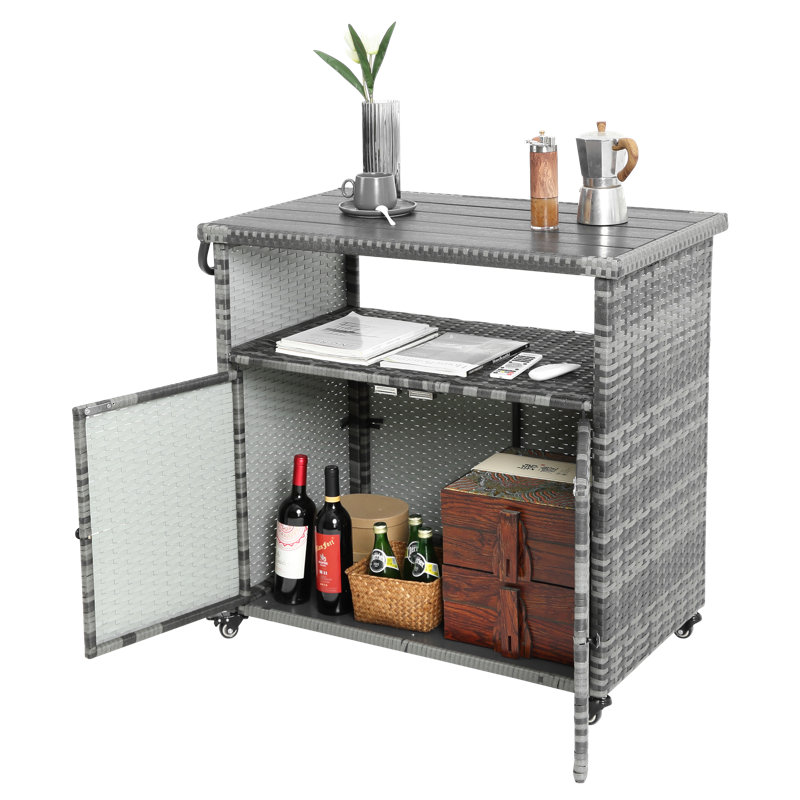 Outdoor Wicker Bar Cart, Patio Wine Serving Cart w/Wheels , Rolling Rattan Beverage Bar Counter Table w/Glass Top for Porch Backyard Garden Poolside Party