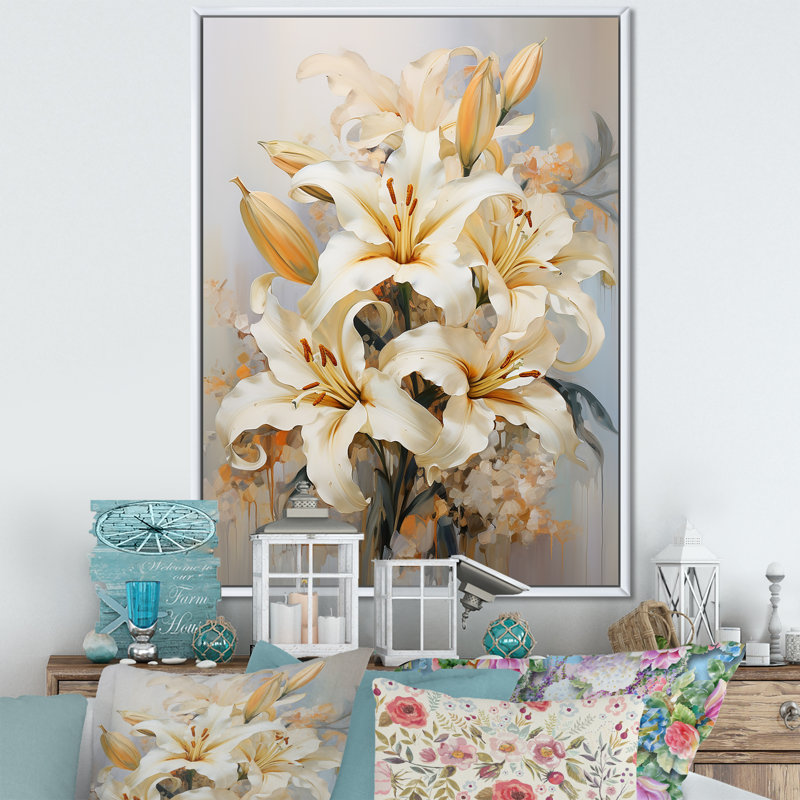 «Beige et or» Pure Lily Beauty Whispers I, reproduction sur toile, Encadrement doré, H 44 po x l 34 po