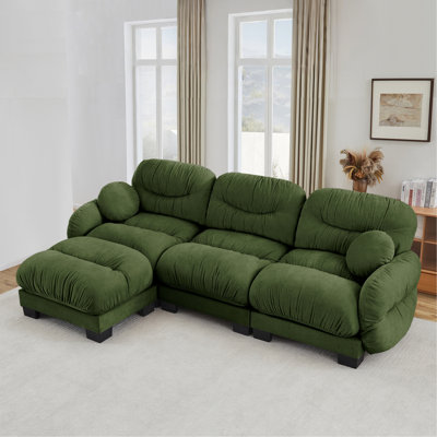 Pleated Design Cozy Chenille Fabric 3 Seater Modular Sofa With High-Density Ergonomic Foam Seat, L Shape Sectional Couch With Ottoman, Curved Round Armrests And 2 Round Throw Pillows