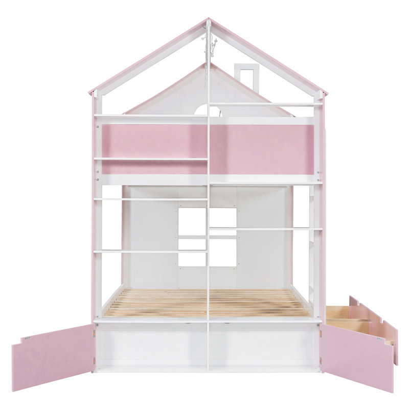 Lit superposé double avec tiroirs et tablettes de rangement, structure moderne en bois bicolore avec bande lumineuse à DEL, blanc et rose