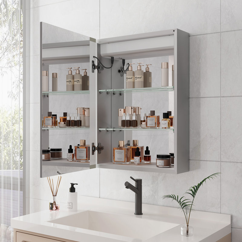 Armoire à pharmacie de salle de bain avec lumières, armoire à pharmacie DEL 28 po x 20 po avec miroir, armoire à pharmacie lumineuse avec désembueur, gradateur, horloge numérique et affichage de la température, montage en surface