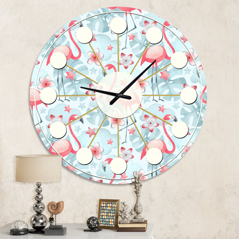 Horloge murale style tropical Mid-Century Tropical Botanicals, Flowers and Flamingo III, Moyenne