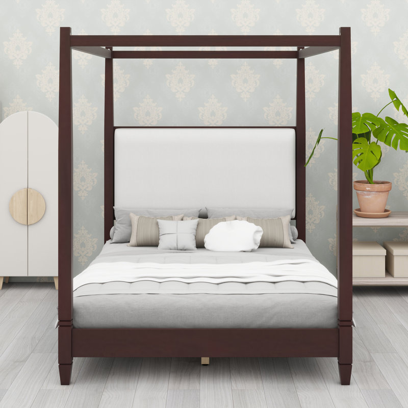 Lit plateforme élégant à baldaquin avec tête de lit tapissier et système de support à lattes en bois, Espresso