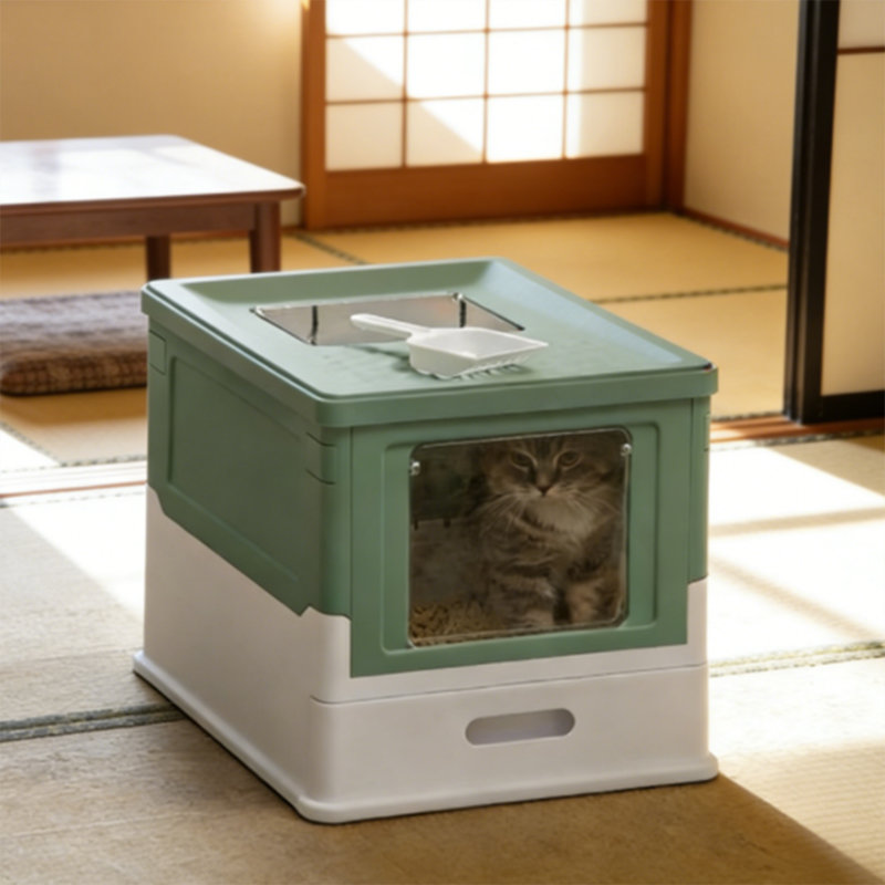 Bac à litière pliable pour chat avec couvercle, résistant aux odeurs avec sortie par le haut et entrée frontale, comprend un tiroir et une pelle à tiroir coulissant, pot à chat portable, vert